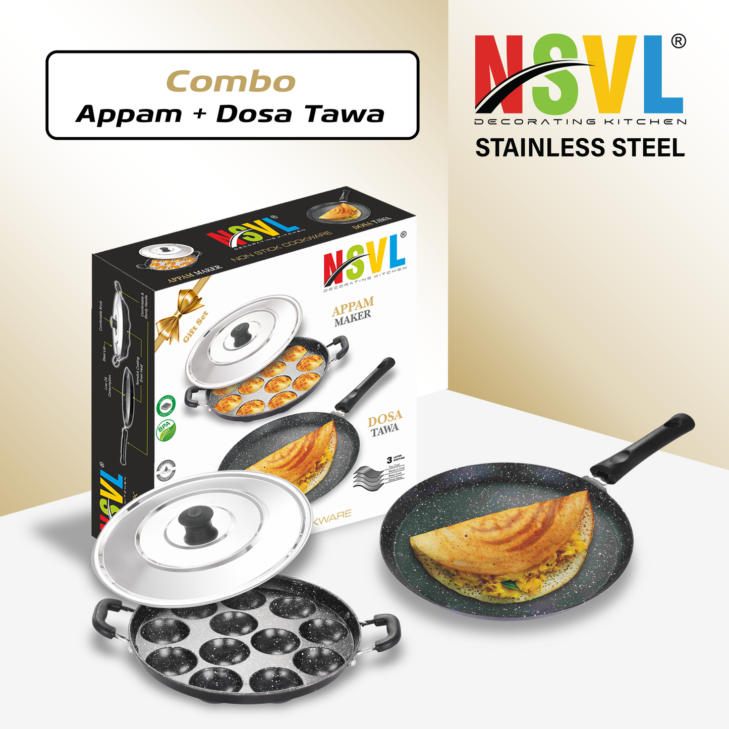 Nsvl Aluminium Non-Stick Dosa Tawa with Handle| Granite Finish | Pfoa Free | High Temperature Resistant Exterior Coating | 25 Cm | Black (DOSA TAWA/APPAM Combo)