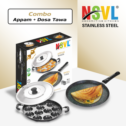 Nsvl Aluminium Non-Stick Dosa Tawa with Handle| Granite Finish | Pfoa Free | High Temperature Resistant Exterior Coating | 25 Cm | Black (DOSA TAWA/APPAM Combo)