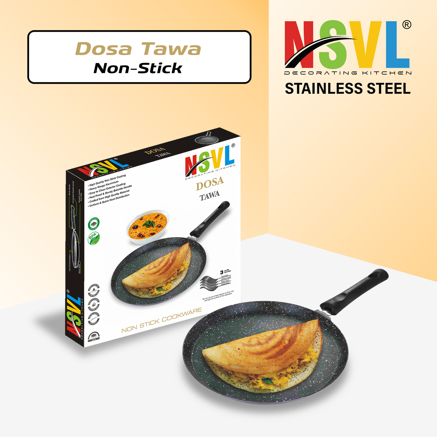 NSVL Aluminium Non-Stick Dosa Tawa with Handle| Granite Finish | Pfoa Free | High Temperature Resistant Exterior Coating | 26.5Cm | Black