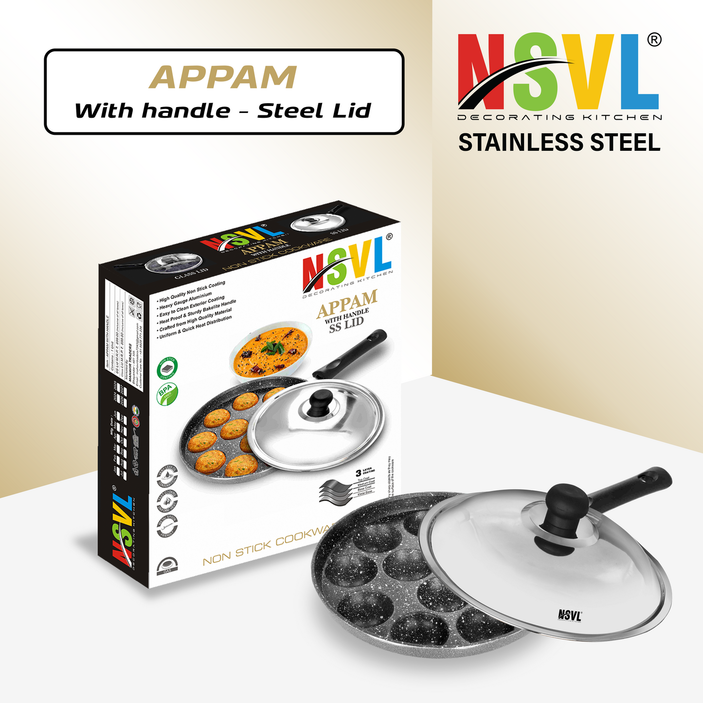 Nsvl Appam Patra with 12 Cavity Heavy Duty Aluminum | Single Handle| Litti Maker Paniarakkal with Lid 1 L Capacity 24 cm Diameter (Aluminium, Non-Stick)
