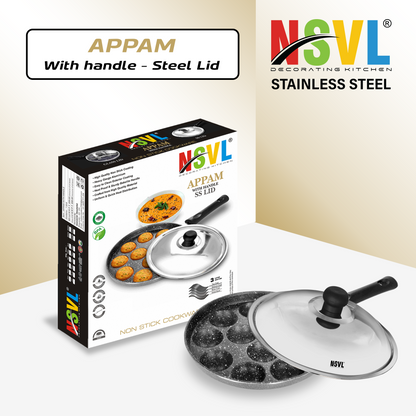Nsvl Appam Patra with 12 Cavity Heavy Duty Aluminum | Single Handle| Litti Maker Paniarakkal with Lid 1 L Capacity 24 cm Diameter (Aluminium, Non-Stick)