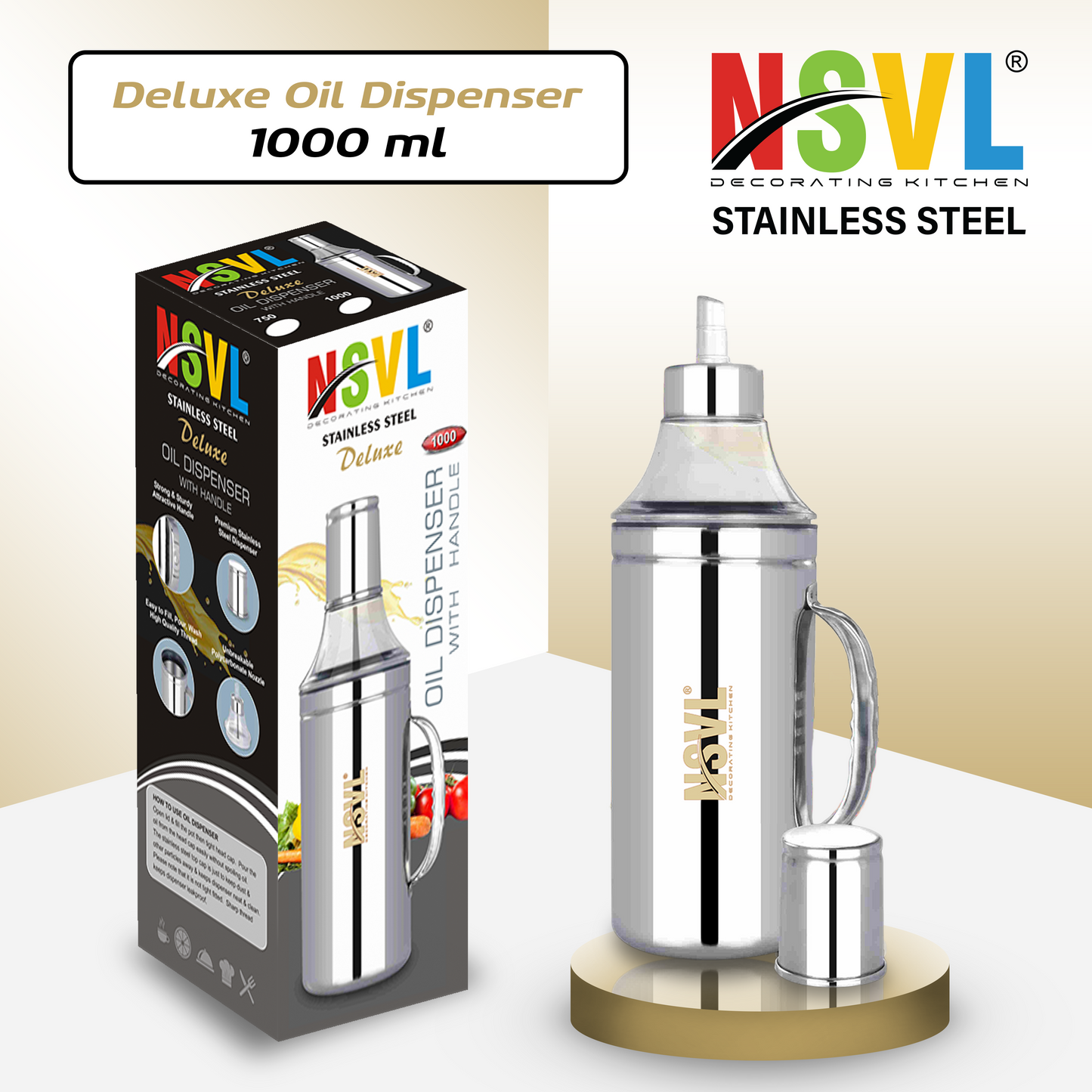 Nsvl Deluxe Stainless Steel Oil Dispenser with Nozzle | Oil Container | Oil Pourer | Oil Pot | Oil Can| Oil Bottle with Handle