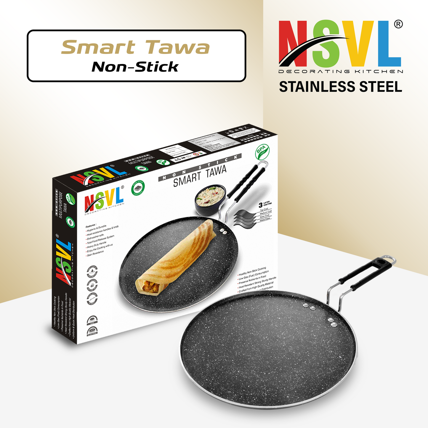 NSVL Dosa Tawa | Non Stick Multi Tawa 4MM Thickness with Handle Cookware Granite Finish PPOA Free Duraslate 4 Layer Coating Pan