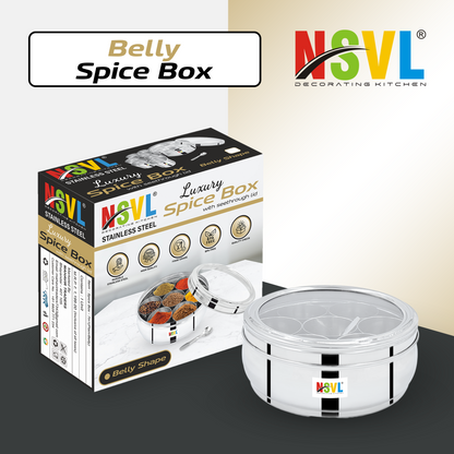 Nsvl Stainless Steel Belly Shape Masala box for Kitchen | Spice Box | Masala Dabba with See Through Lid with 7 Containers and Small Spoon | Silver (Medium 18cm | 1.5 Ltr) (BELLY)
