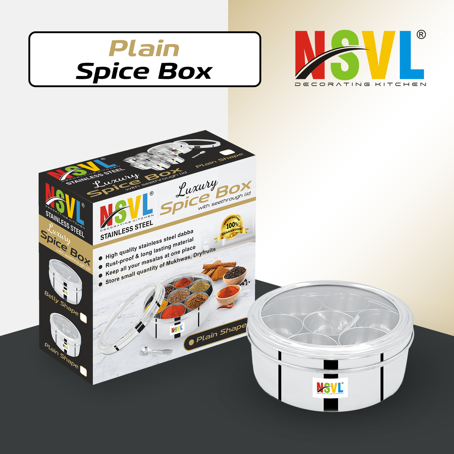 Nsvl Stainless Steel Plain Shape Masala box for Kitchen | Spice Box | Masala Dabba with See Through Lid with 7 Containers and Small Spoon | Silver (Medium 18cm | 1.5 Ltr) (PLAIN)