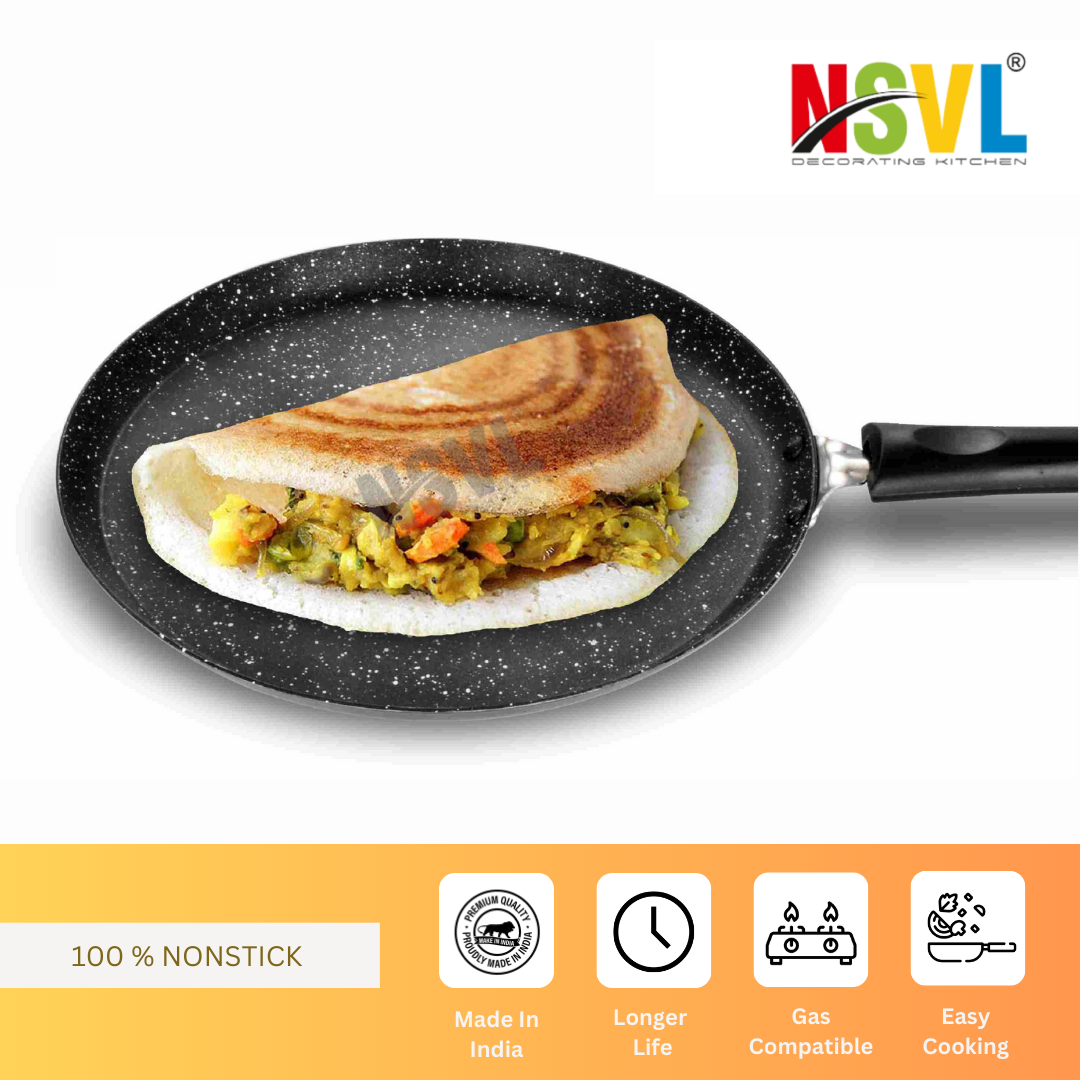 NSVL Aluminium Non-Stick Dosa Tawa with Handle| Granite Finish | Pfoa Free | High Temperature Resistant Exterior Coating | 25 Cm | Black