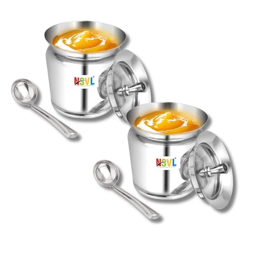 Nsvl Stainless Steel Multipurpose Ghee Pot/Pickle Container, 310 ml, With Spoon,(Lotus Design)