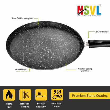 NSVL Aluminium Non-Stick Dosa Tawa with Handle| Granite Finish | Pfoa Free | High Temperature Resistant Exterior Coating | 25 Cm | Black