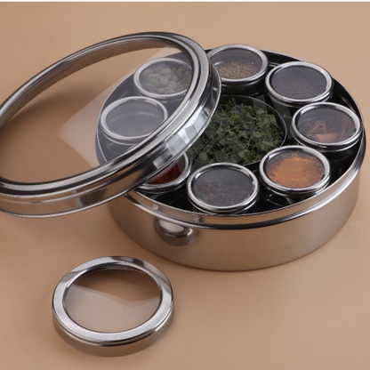 NSVL 9 In 1 Stainless Steel Masala Box For Kitchen | Spice Box | Masala Container | Masala Dani With Individual See Through Lid 2.5 Ltr