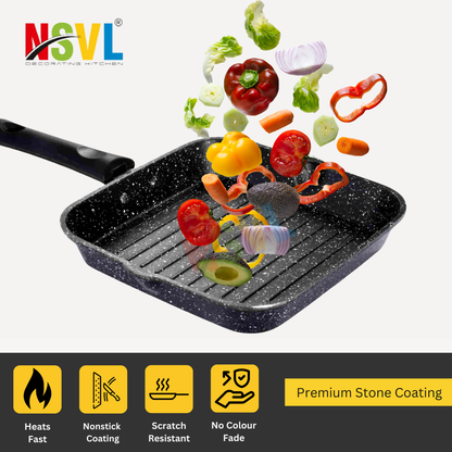 NSVL Non Stick Grill Pan Aluminium Square Gas Stove Compatible Grill Pan Grill Pan 22 cm diameter 1 L capacity (Aluminium, Non-stick)