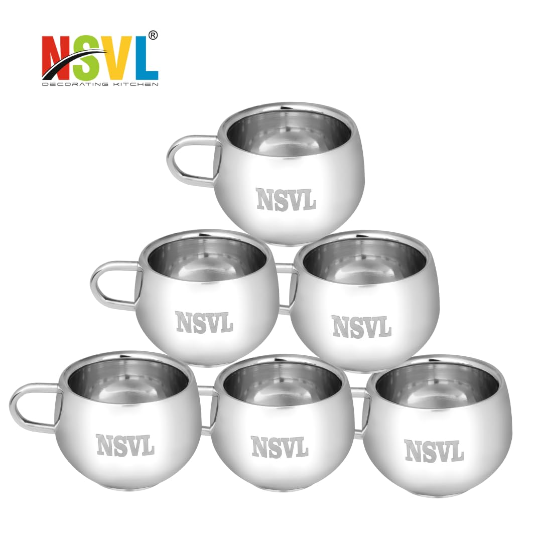 Nsvl Matka Stainless Steel Double Walled Tea/Coffee Cup, Wall Mirror Finish Design Shaped Tea and Coffee Cup - 6 Pieces Set, 100 Ml