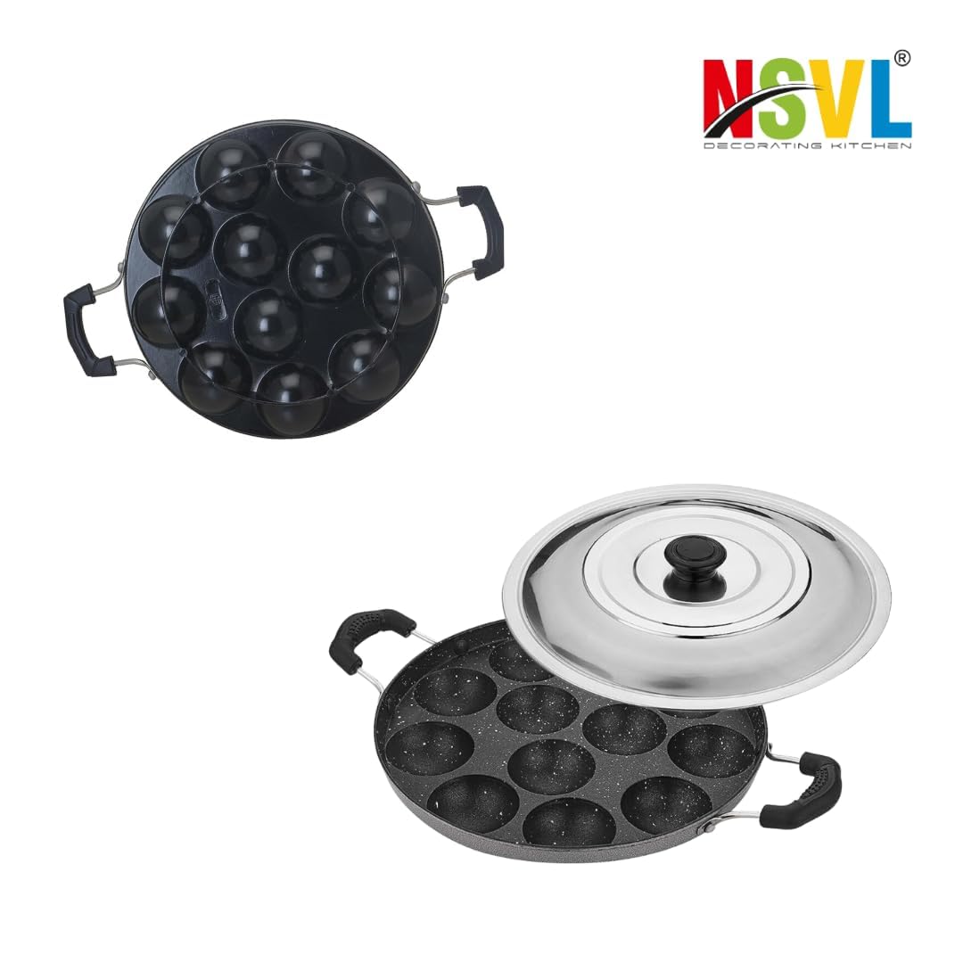 Nsvl Non Stick 12 Cavity Appam Patra Handle with Lid, Paniyarakkal | Paniyaram Maker