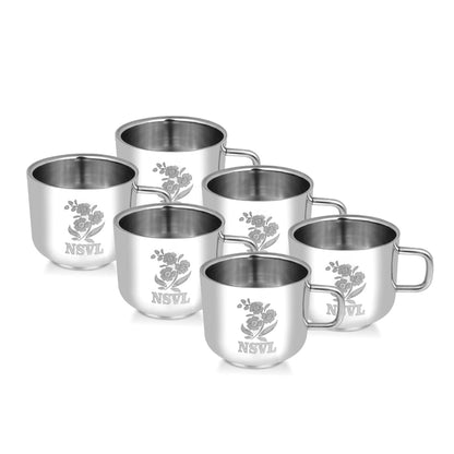 Nsvl 100% Stainless Steel Tea Cups Set of 6 Pcs | Double Wall Tea & Coffee Cups | Mirror Finish Cups | Laser Design, Break Resistant