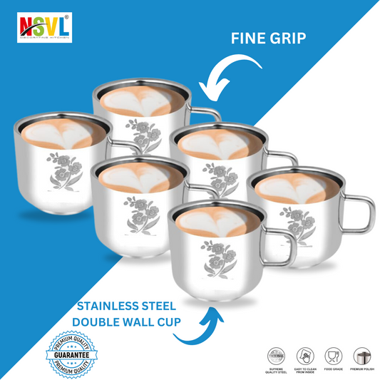 Nsvl 100% Stainless Steel Tea Cups Set of 6 Pcs | Double Wall Tea & Coffee Cups | Mirror Finish Cups | Laser Design, Break Resistant