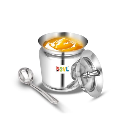 Nsvl Stainless Steel Multipurpose Ghee Pot/Pickle Container, 310 ml, With Spoon,(Lotus Design)