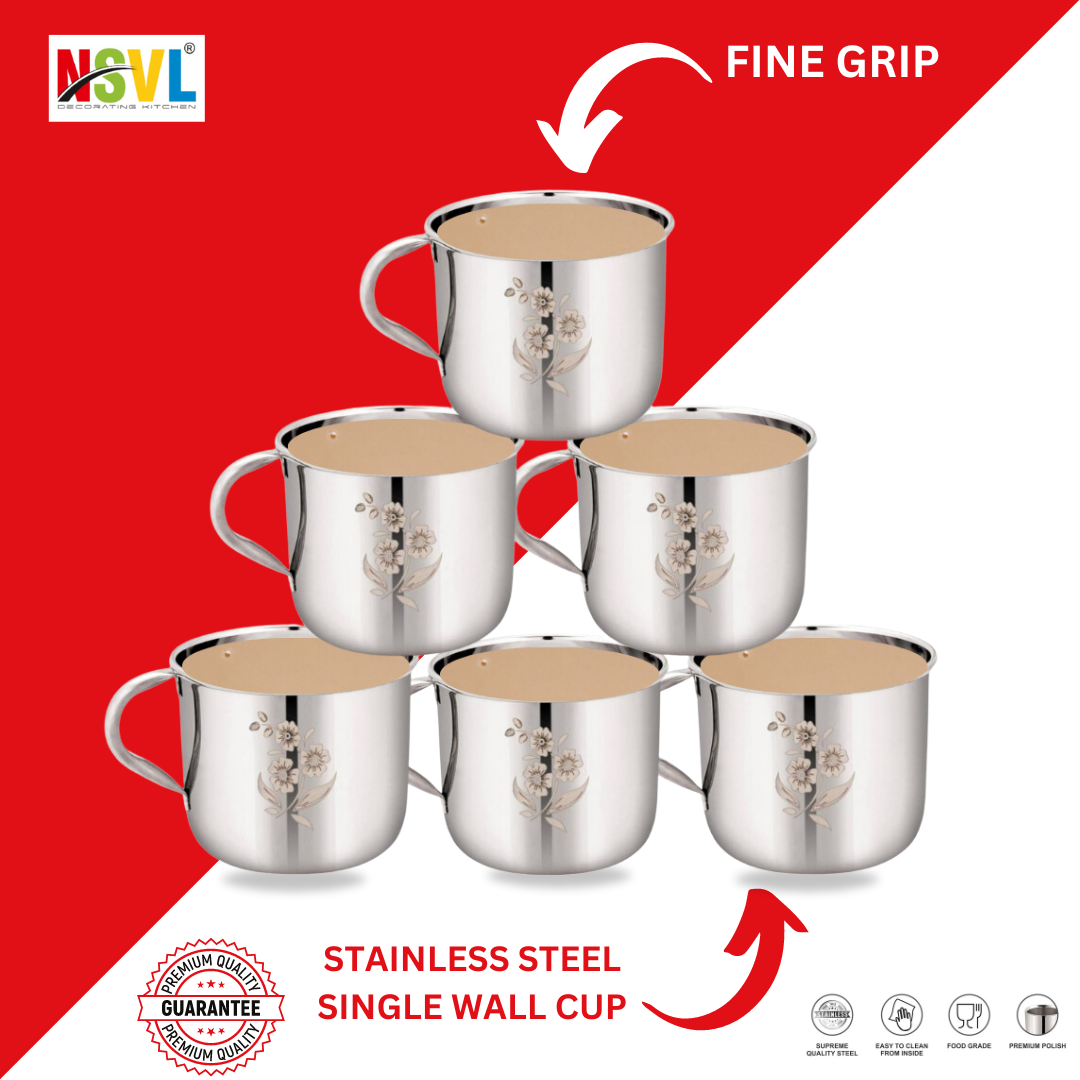 Nsvl Pack of 6 Stainless Steel Single Wall Tea Cup Set | Laser Design | Silver Mirror Finish | Break Resistant (Silver, Cup Set)