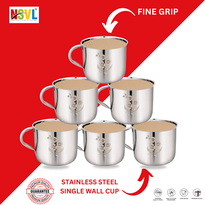 Nsvl Pack of 6 Stainless Steel Single Wall Tea Cup Set | Laser Design | Silver Mirror Finish | Break Resistant (Silver, Cup Set)