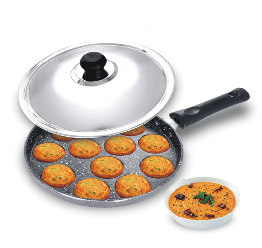 Nsvl Appam Patra with 12 Cavity Heavy Duty Aluminum | Single Handle| Litti Maker Paniarakkal with Lid 1 L Capacity 24 cm Diameter (Aluminium, Non-Stick)