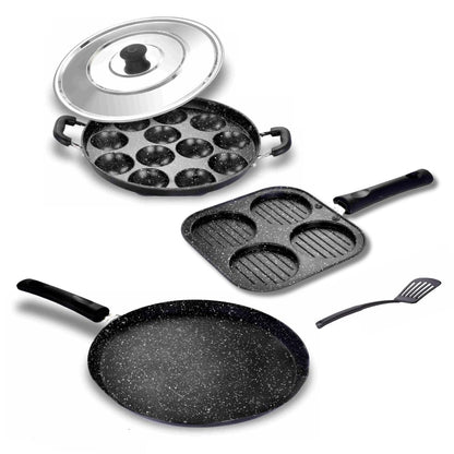 Nonstick Aluminium Cookware Gift Set, 4 Pieces, Includes Tawa, Appam Maker, Kitchen Tool, Mini Uttamapm, Non-Induction Base