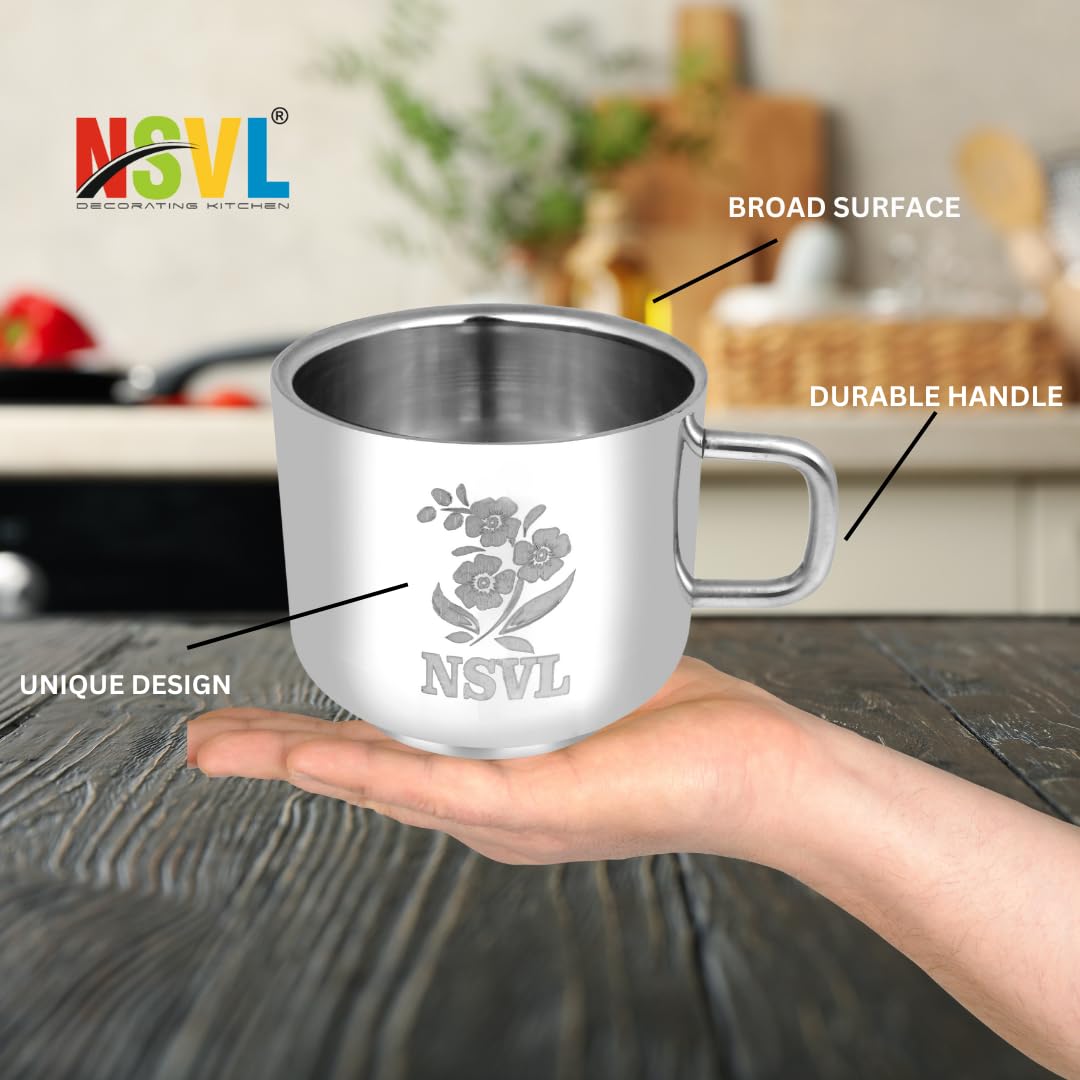 Nsvl 100% Stainless Steel Tea Cups Set of 6 Pcs | Double Wall Tea & Coffee Cups | Mirror Finish Cups | Laser Design, Break Resistant