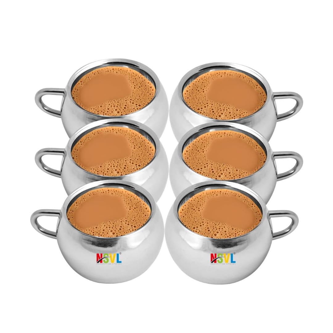 Nsvl Matka Stainless Steel Double Walled Tea/Coffee Cup, Wall Mirror Finish Design Shaped Tea and Coffee Cup - 6 Pieces Set, 100 Ml