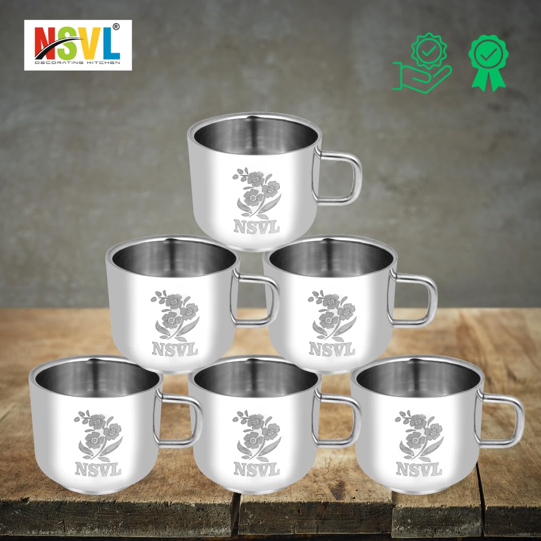 Nsvl 100% Stainless Steel Tea Cups Set of 6 Pcs | Double Wall Tea & Coffee Cups | Mirror Finish Cups | Laser Design, Break Resistant