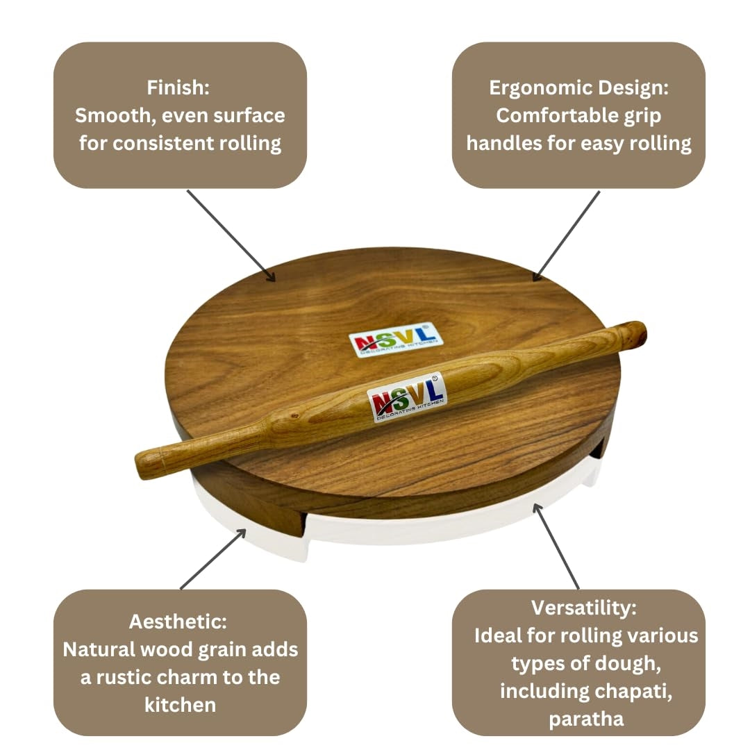 NSVL Sagwan Polpat Chakla Roti Chapati Maker 25 cm with Sagwan Roti Belan Rolling Pin 35 cm (Sagwan Polpat with Sagwan Belan)