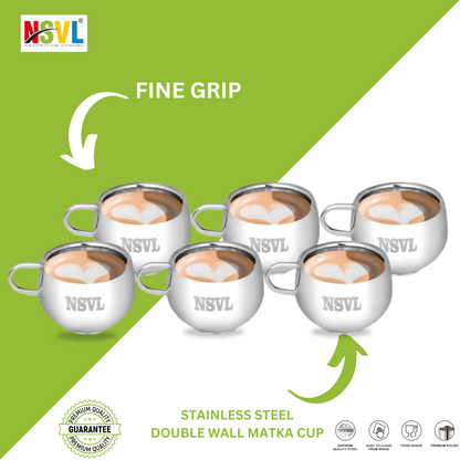 Nsvl Matka Stainless Steel Double Walled Tea/Coffee Cup, Wall Mirror Finish Design Shaped Tea and Coffee Cup - 6 Pieces Set, 100 Ml