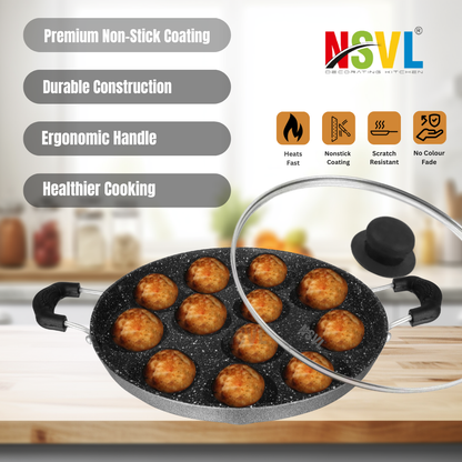 NSVL Heavy-BASE Non-Stick 12 Cavity Appam Patra with Glass Lid | Appam Maker | Appam Patra | Appam pan | Litti Maker | Appe Stand