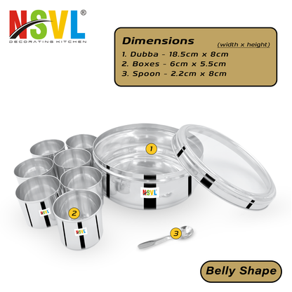 Nsvl Stainless Steel Belly Shape Masala box for Kitchen | Spice Box | Masala Dabba with See Through Lid with 7 Containers and Small Spoon | Silver (Medium 18cm | 1.5 Ltr) (BELLY)