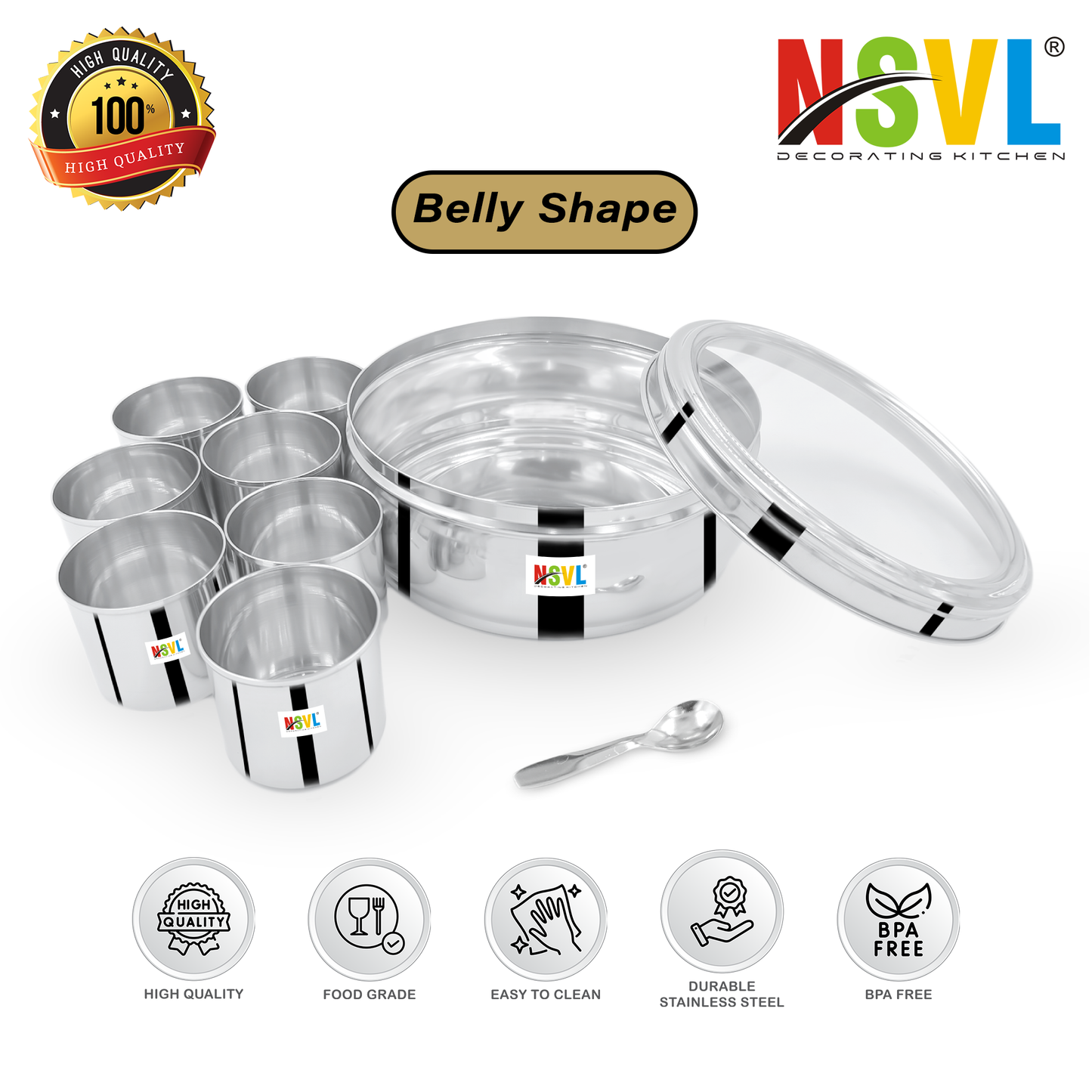 Nsvl Stainless Steel Belly Shape Masala box for Kitchen | Spice Box | Masala Dabba with See Through Lid with 7 Containers and Small Spoon | Silver (Medium 18cm | 1.5 Ltr) (BELLY)