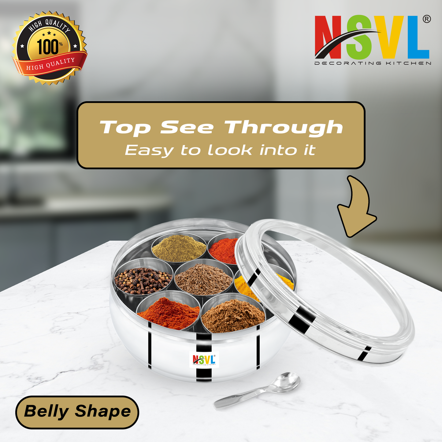 Nsvl Stainless Steel Belly Shape Masala box for Kitchen | Spice Box | Masala Dabba with See Through Lid with 7 Containers and Small Spoon | Silver (Medium 18cm | 1.5 Ltr) (BELLY)