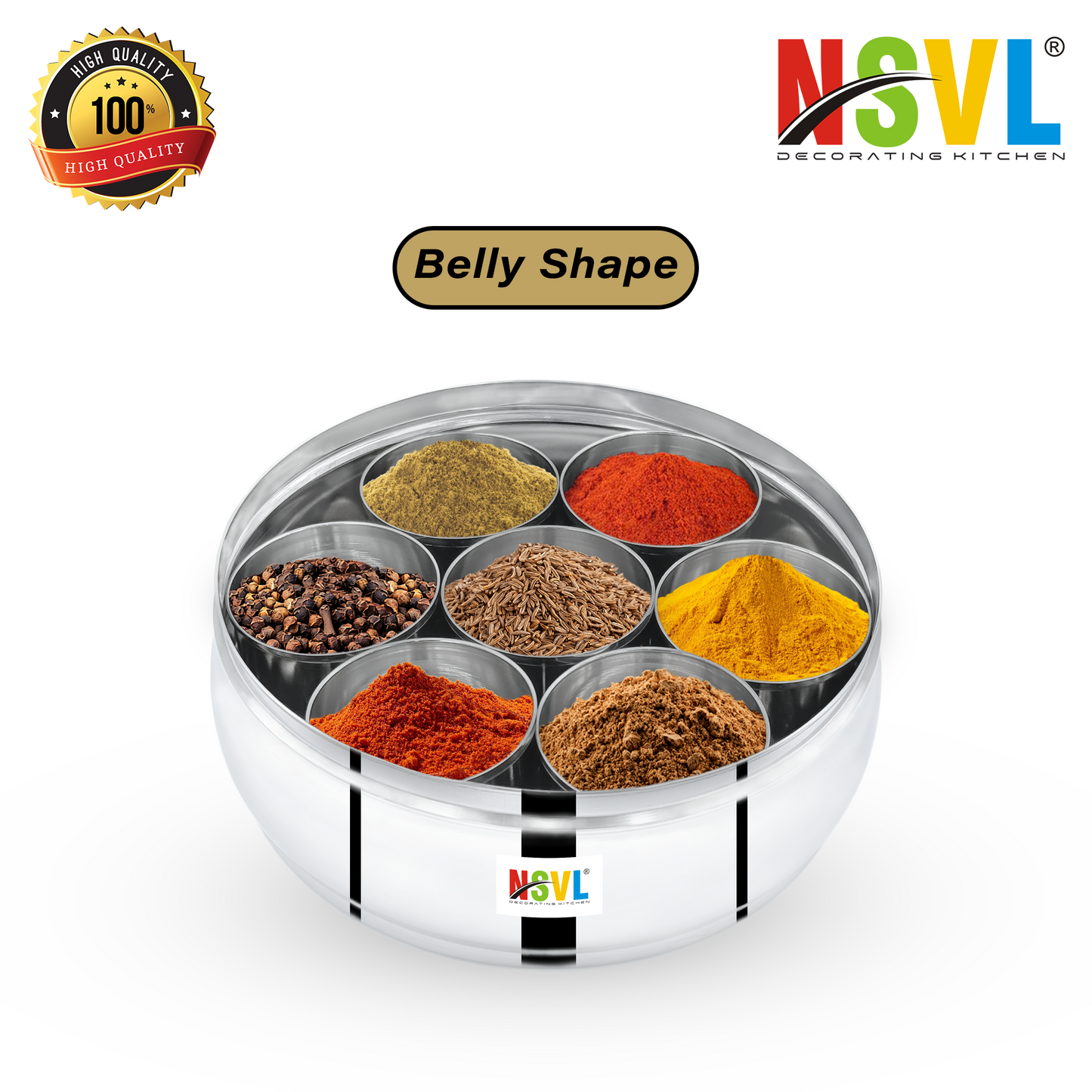 Nsvl Stainless Steel Belly Shape Masala box for Kitchen | Spice Box | Masala Dabba with See Through Lid with 7 Containers and Small Spoon | Silver (Medium 18cm | 1.5 Ltr) (BELLY)