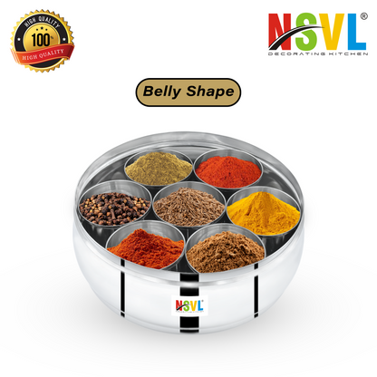 Nsvl Stainless Steel Belly Shape Masala box for Kitchen | Spice Box | Masala Dabba with See Through Lid with 7 Containers and Small Spoon | Silver (Medium 18cm | 1.5 Ltr) (BELLY)