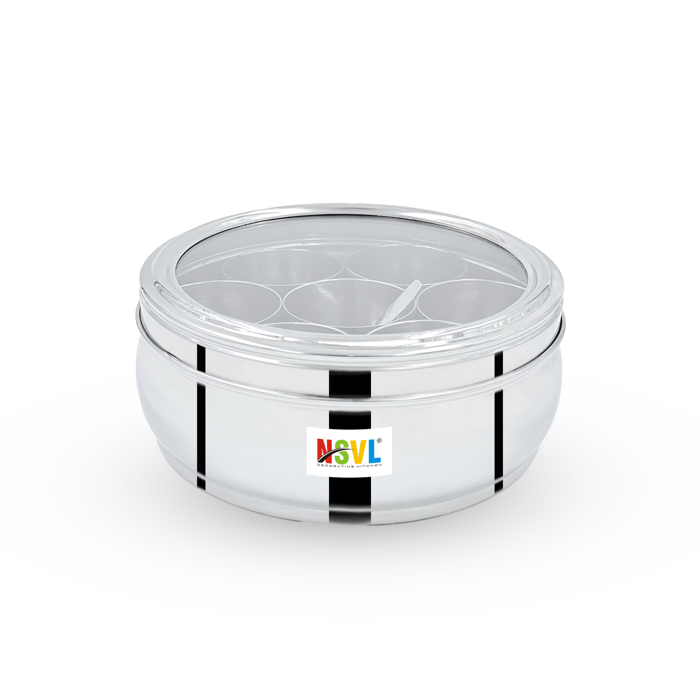 Nsvl Stainless Steel Belly Shape Masala box for Kitchen | Spice Box | Masala Dabba with See Through Lid with 7 Containers and Small Spoon | Silver (Medium 18cm | 1.5 Ltr) (BELLY)