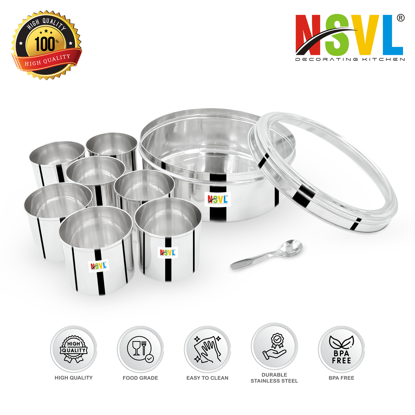 Nsvl Stainless Steel Plain Shape Masala box for Kitchen | Spice Box | Masala Dabba with See Through Lid with 7 Containers and Small Spoon | Silver (Medium 18cm | 1.5 Ltr) (PLAIN)