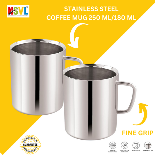 NSVL Stainless Steel Premium Double Wall Coffee Mug, Set of 2 | Tea Cup with Handle and Flat Base