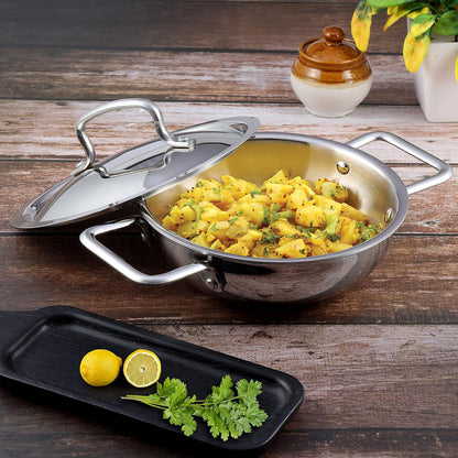 NSVL Triply Stainless Steel Cookware Kadai With Lid - 2.5 mm Thick Extra Deep Kadhai/Kadai for Cooking/Induction Bottom, Gas Base