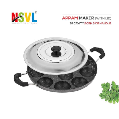 Nsvl Non Stick 12 Cavity Appam Patra Handle with Lid, Paniyarakkal | Paniyaram Maker