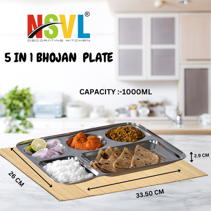 Nsvl Stainless Steel Rectangular 5-in-1 Compartment Lunch/Dinner Plate, 33.5cm Diameter, Silver 304 Grade Steel Highly Durable & Unbreakable for Kids & Adults - Ideal for Serving, Mess Tray