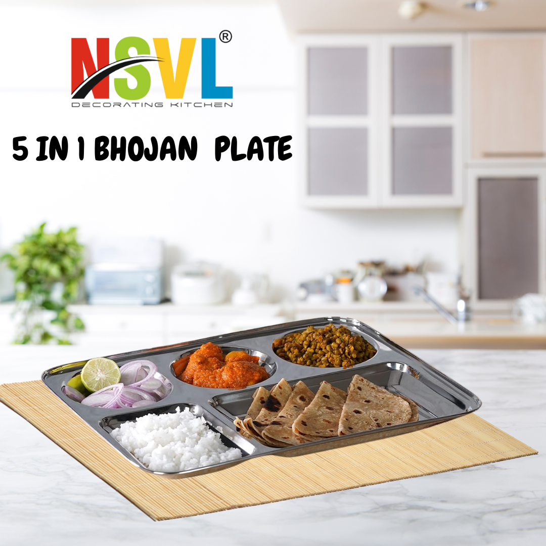 Nsvl Stainless Steel Rectangular 5-in-1 Compartment Lunch/Dinner Plate, 33.5cm Diameter, Silver 304 Grade Steel Highly Durable & Unbreakable for Kids & Adults - Ideal for Serving, Mess Tray