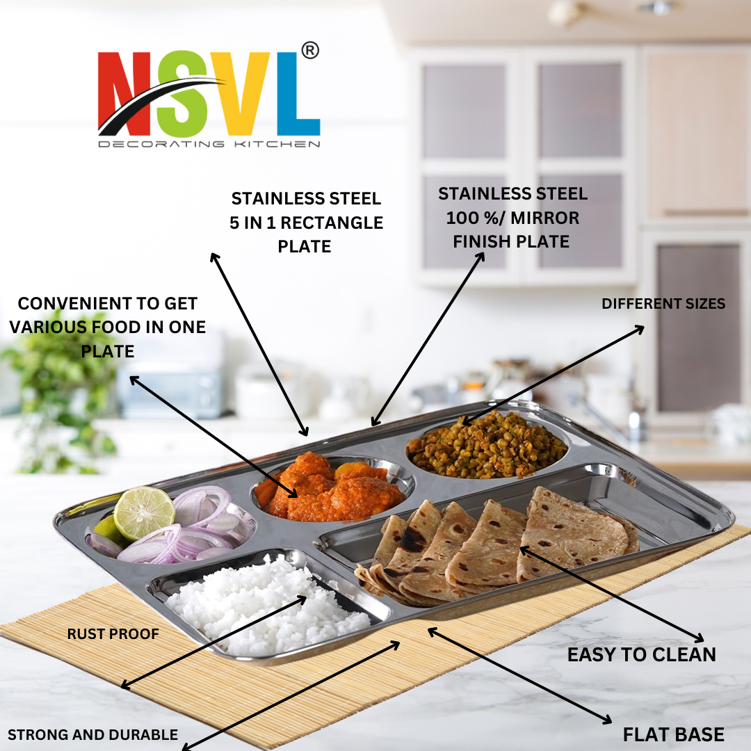 Nsvl Stainless Steel Rectangular 5-in-1 Compartment Lunch/Dinner Plate, 33.5cm Diameter, Silver 304 Grade Steel Highly Durable & Unbreakable for Kids & Adults - Ideal for Serving, Mess Tray