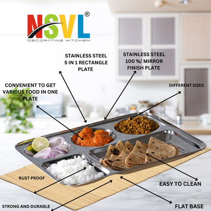 Nsvl Stainless Steel Rectangular 5-in-1 Compartment Lunch/Dinner Plate, 33.5cm Diameter, Silver 304 Grade Steel Highly Durable & Unbreakable for Kids & Adults - Ideal for Serving, Mess Tray