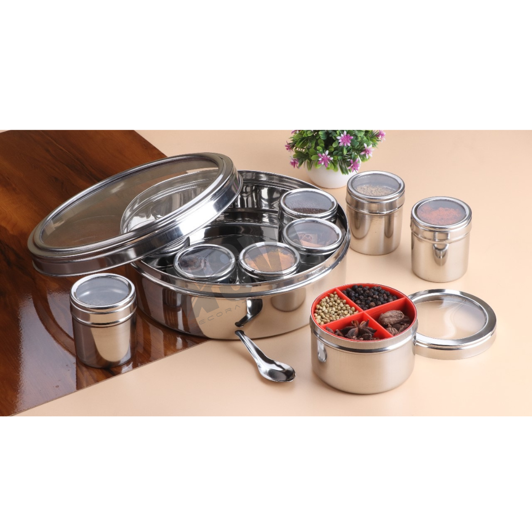 Nsvl Stainless Steel 12 IN 1 Masala Box for Kitchen | Masala Container | Spice Box for Kitchen | Masala Dabba/Masala Spice Box with See through lid 4 Spoons | Silver (2.5 Ltr / 22.5cm)