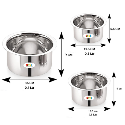 Stainless Steel Flat Top Tope Set, 3 Pieces, 300 ml, 500 ml, 700 ml