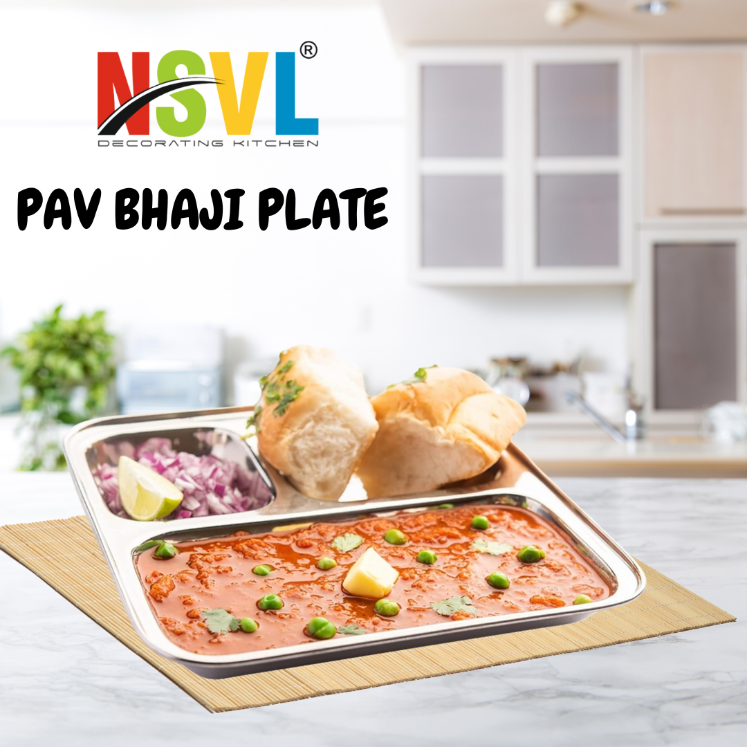 Nsvl Stainless Steel 2-in-1 Compartment Pav Bhaji/Appetizer/Snacks Plate