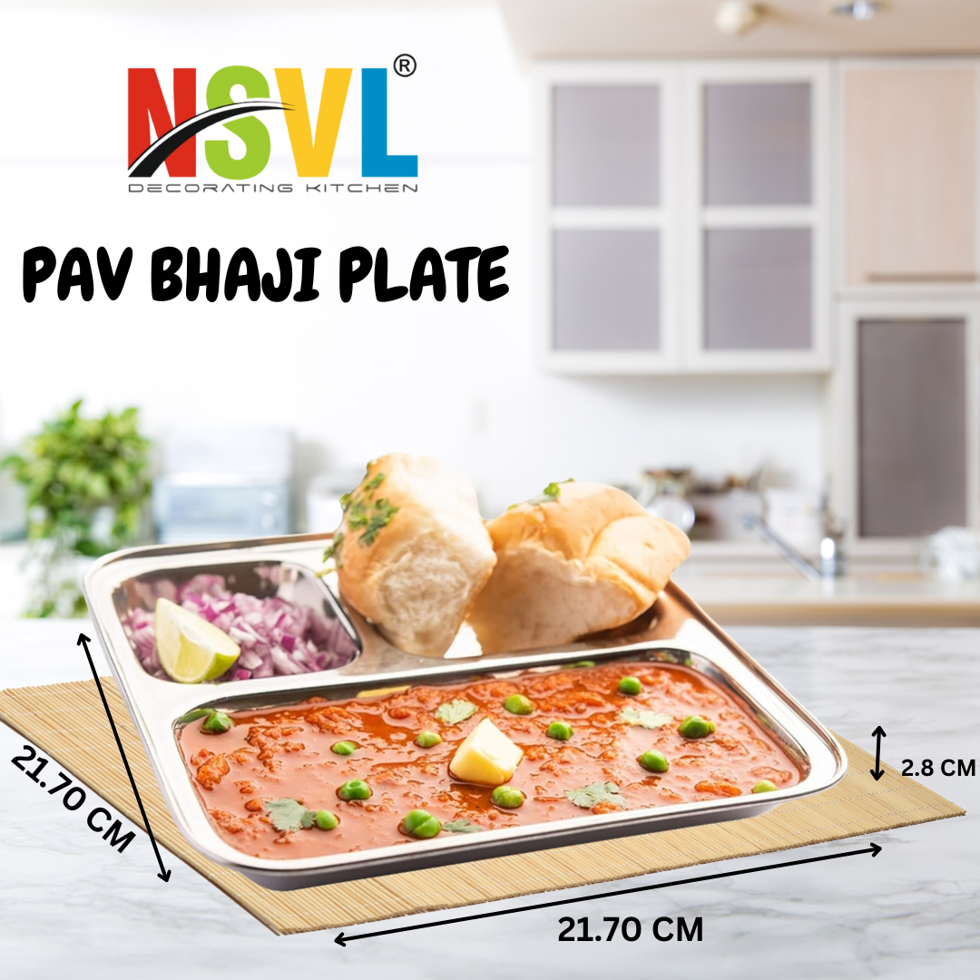 Nsvl Stainless Steel 2-in-1 Compartment Pav Bhaji/Appetizer/Snacks Plate