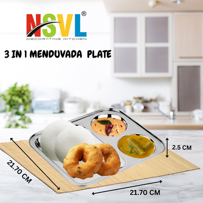 Nsvl Stainless Steel Partition Plate, Mendu Vada Plate,Bhojan Thali, Snacks Plate, Dinner Plate