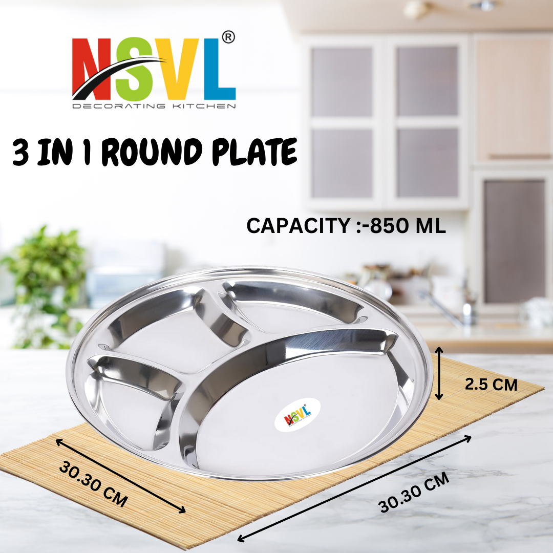 Nsvl Stainless Steel Round Lunch Dinner Plate Bhojan Thali 4 in 1 Compartments Dinner Set Round Plate, Thali, Mess Tray, Dinner Plate, Steel Plate with partition