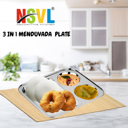 Nsvl Stainless Steel Partition Plate, Mendu Vada Plate,Bhojan Thali, Snacks Plate, Dinner Plate